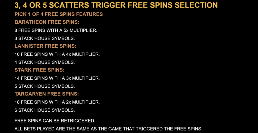 Game of Thrones Free Spins Feature