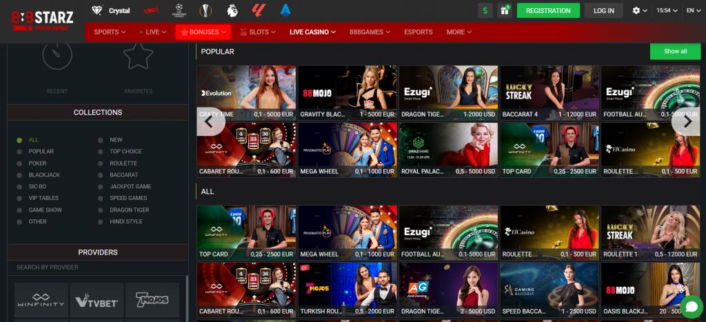 888starz Live Casino section 