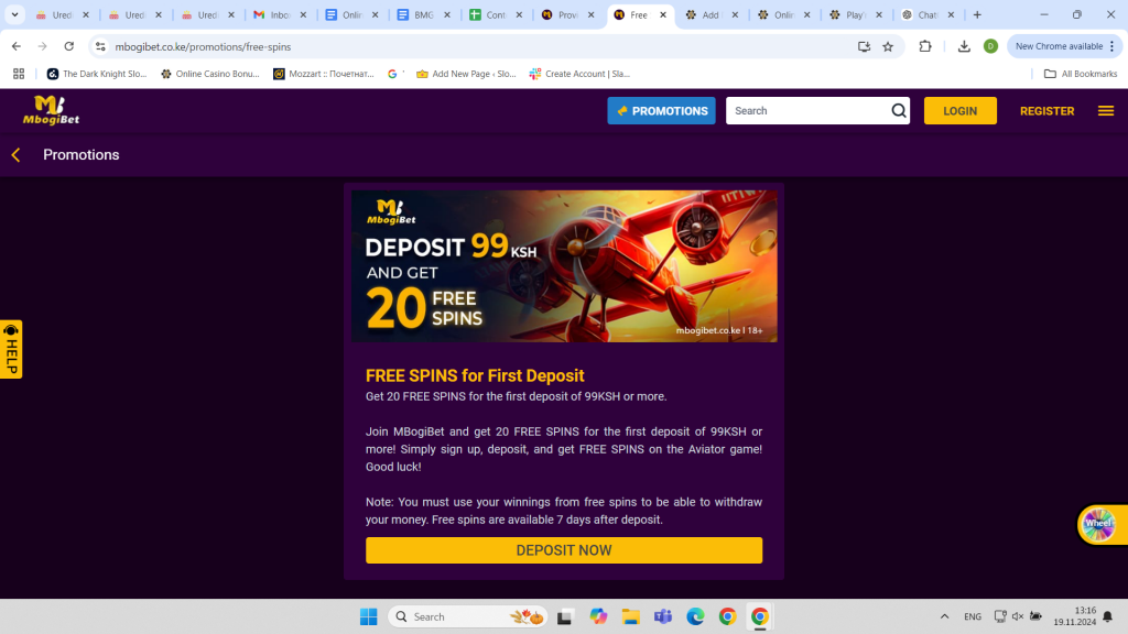 Deposit 99 KSH  and get 20 Free spins