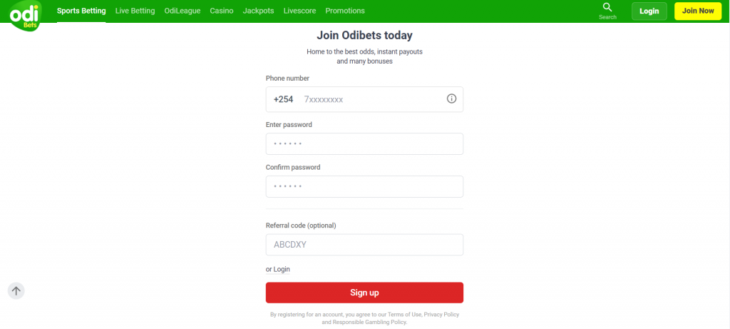 OdiBets Kenya Registration